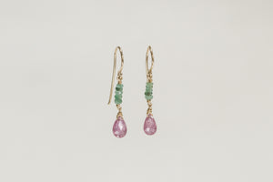 these emerald and pink sapphire drop earrings are handmade by Claire herself and available at feltlondon.com