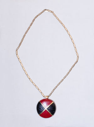 Vintage Black and Red Leather Pendant with Brass Chain