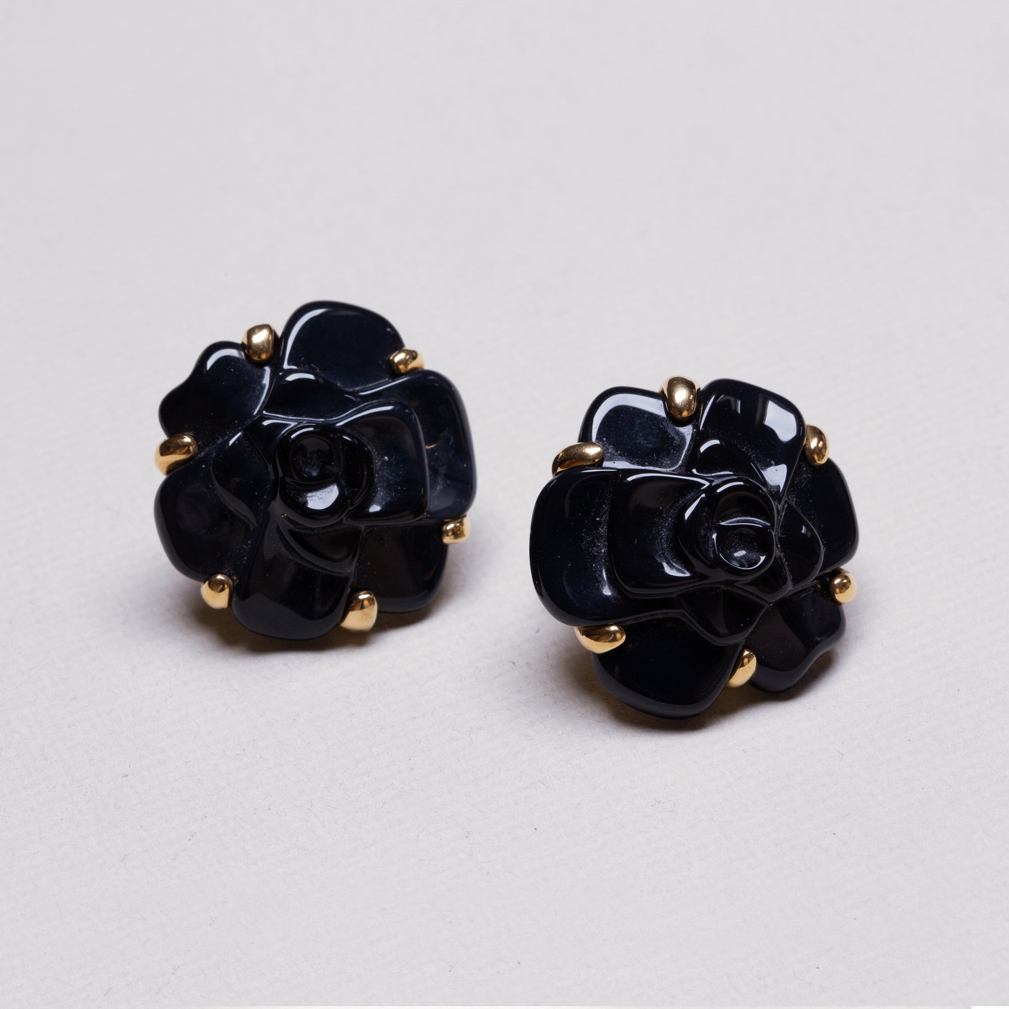 Vintage Chanel 18ct Gold and Black Onyx Camelia Clip-on Earrings