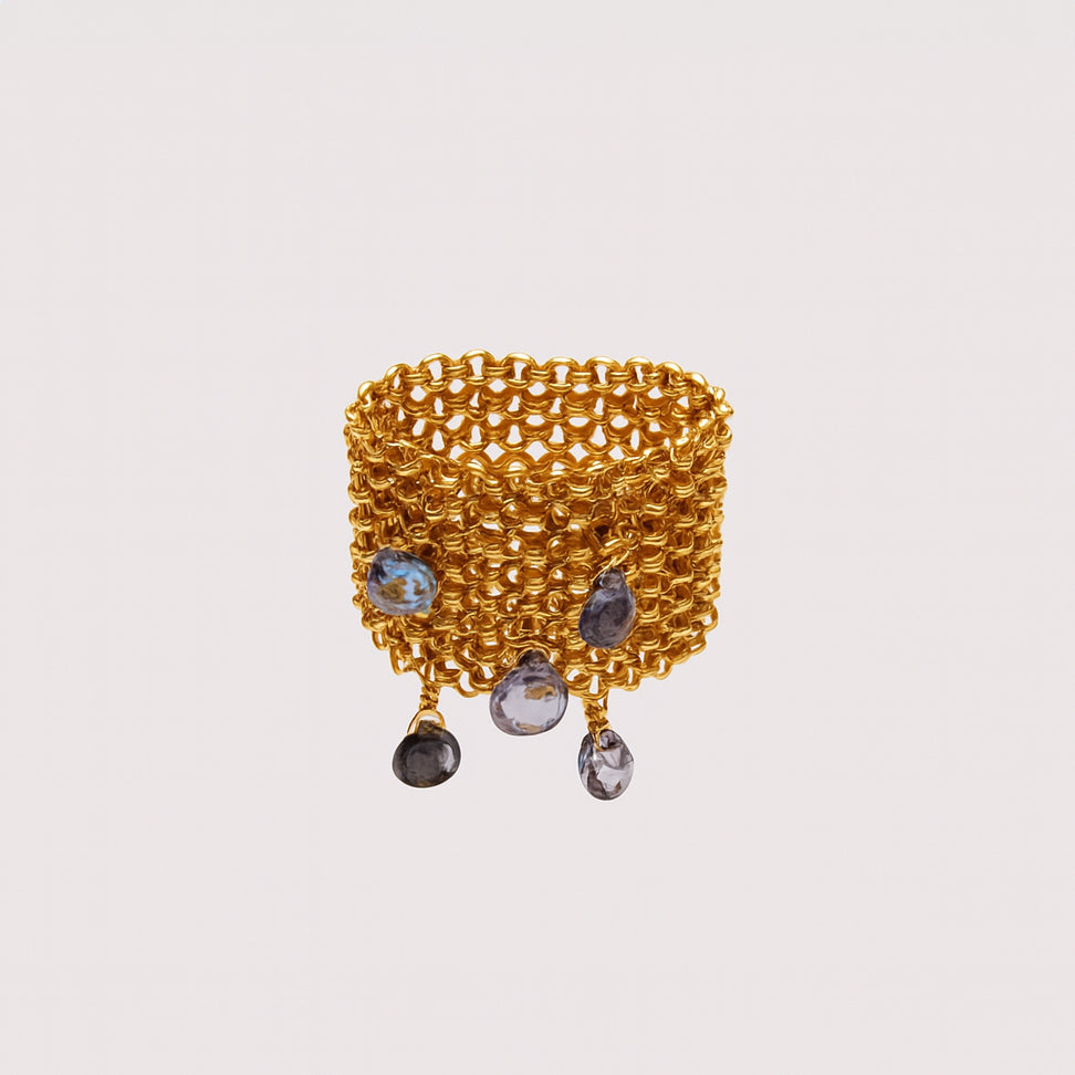 Vintage Gold Mesh Ring with Gemstone Drops