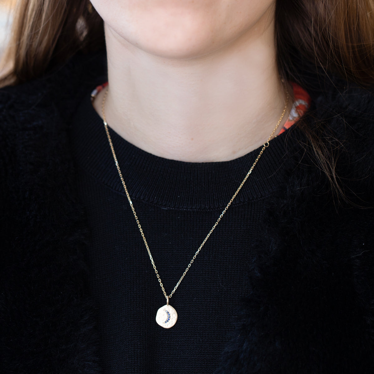 18ct Textured Gold Moon Crescent Charm with Blue Sapphire