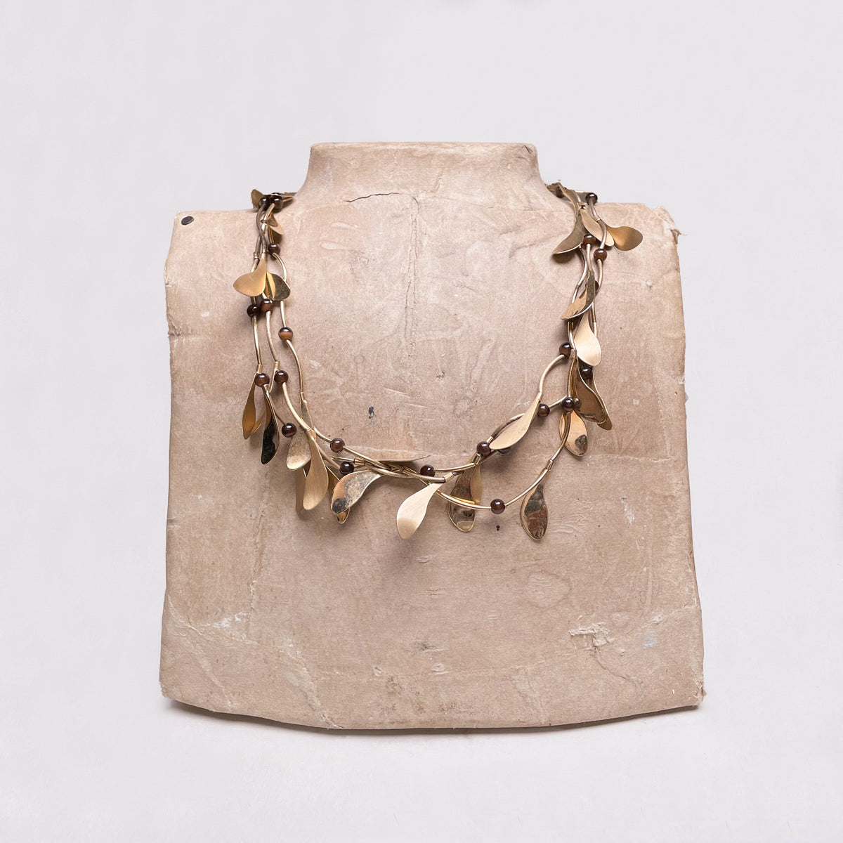 Vintage Monet Layered Brass Leaf Necklace with Brown Beads
