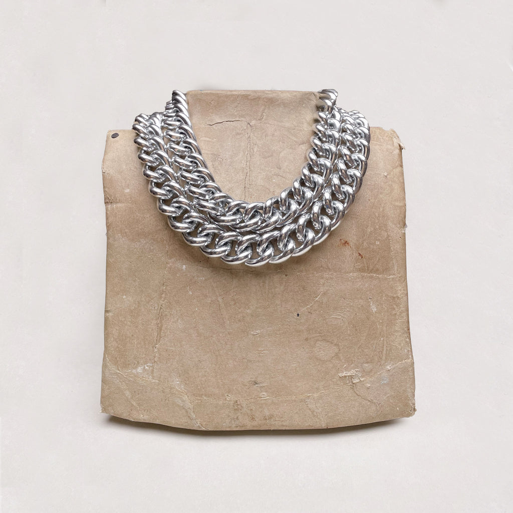 Vintage Double Strand Silver-tone Curb Link Chain Necklace