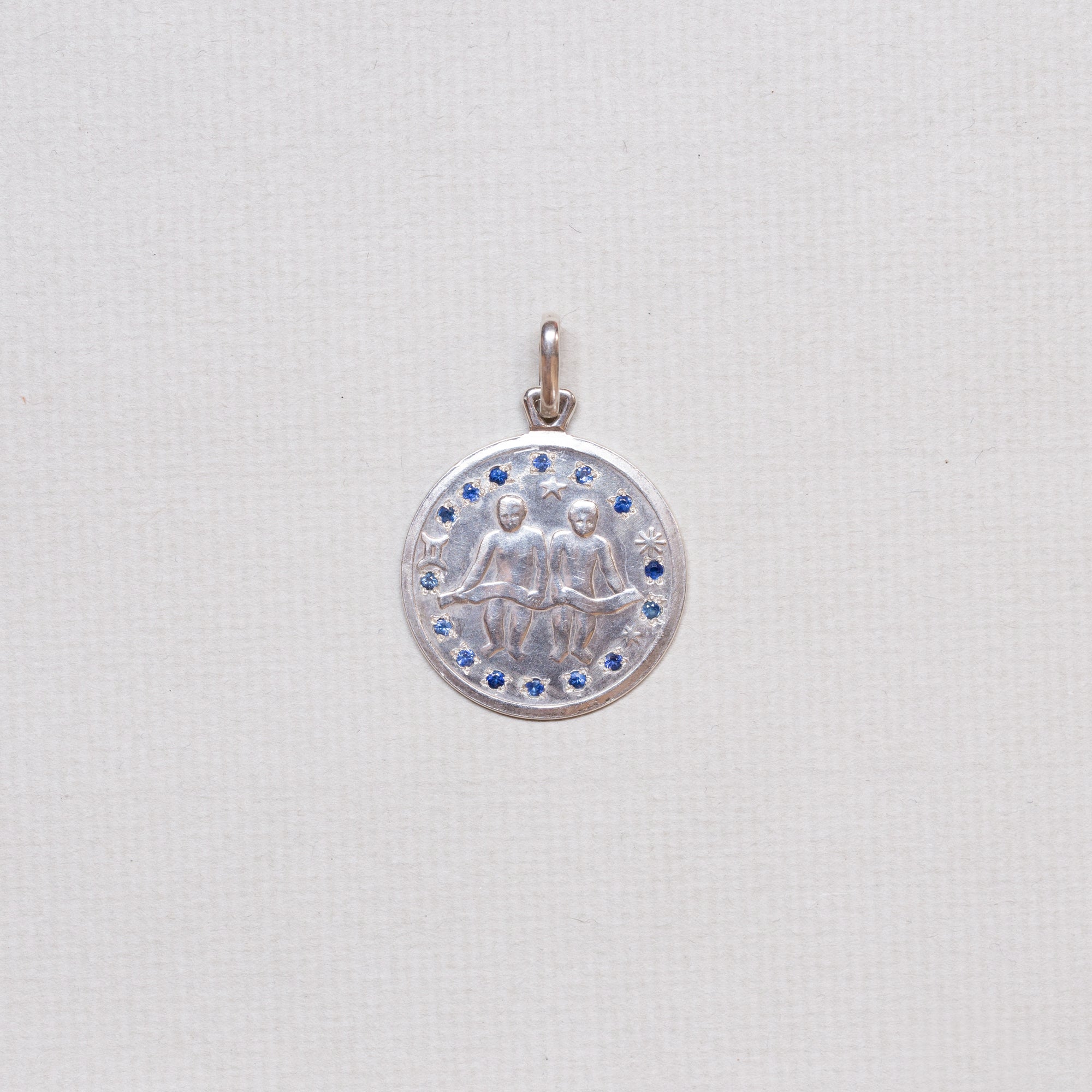 Vintage Sterling Silver "Gemini" Charm Pendant with Sapphires