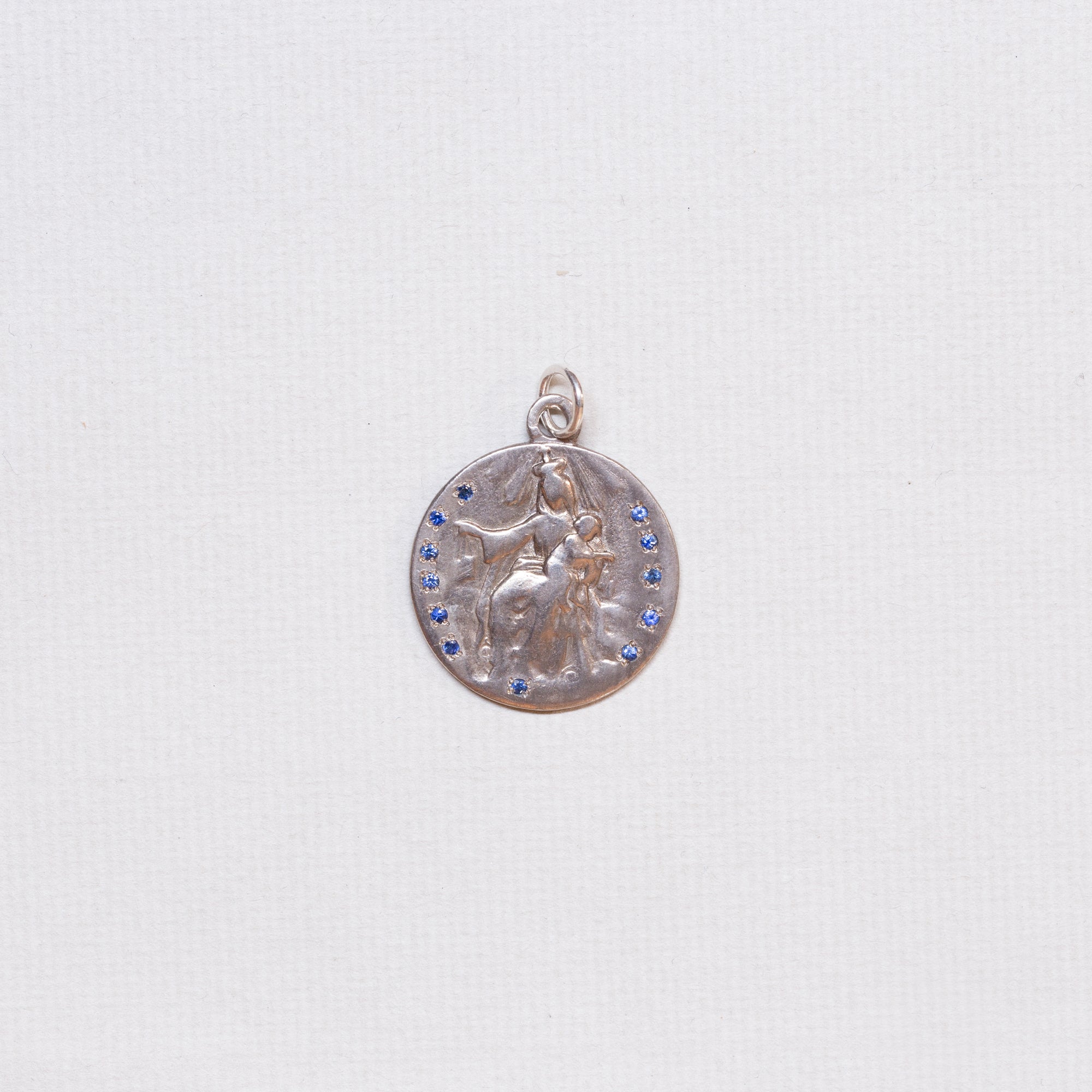 Vintage Sterling Silver Madonna Charm Pendant with Sapphires