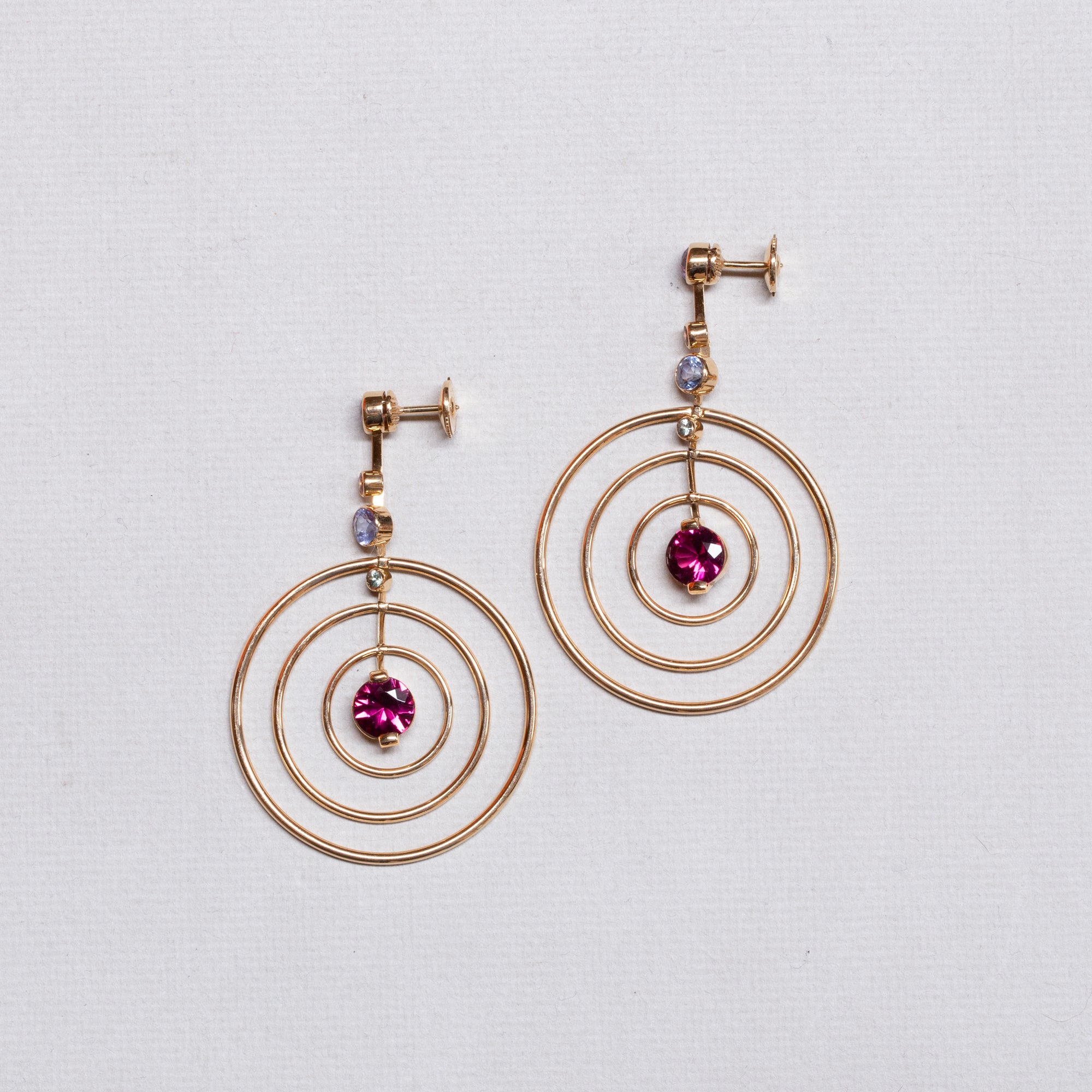 18ct Gold Drop Studs with Amethyst, Tourmaline and Garnet