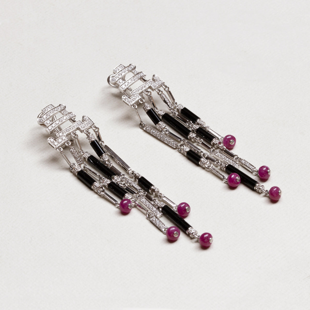 Art Deco Style Diamond, Onyx & Ruby Drop Earrings