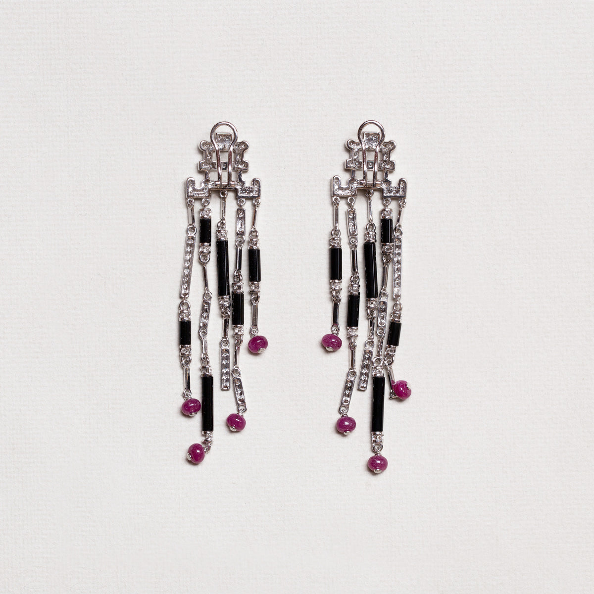 Art Deco Style Diamond, Onyx & Ruby Drop Earrings