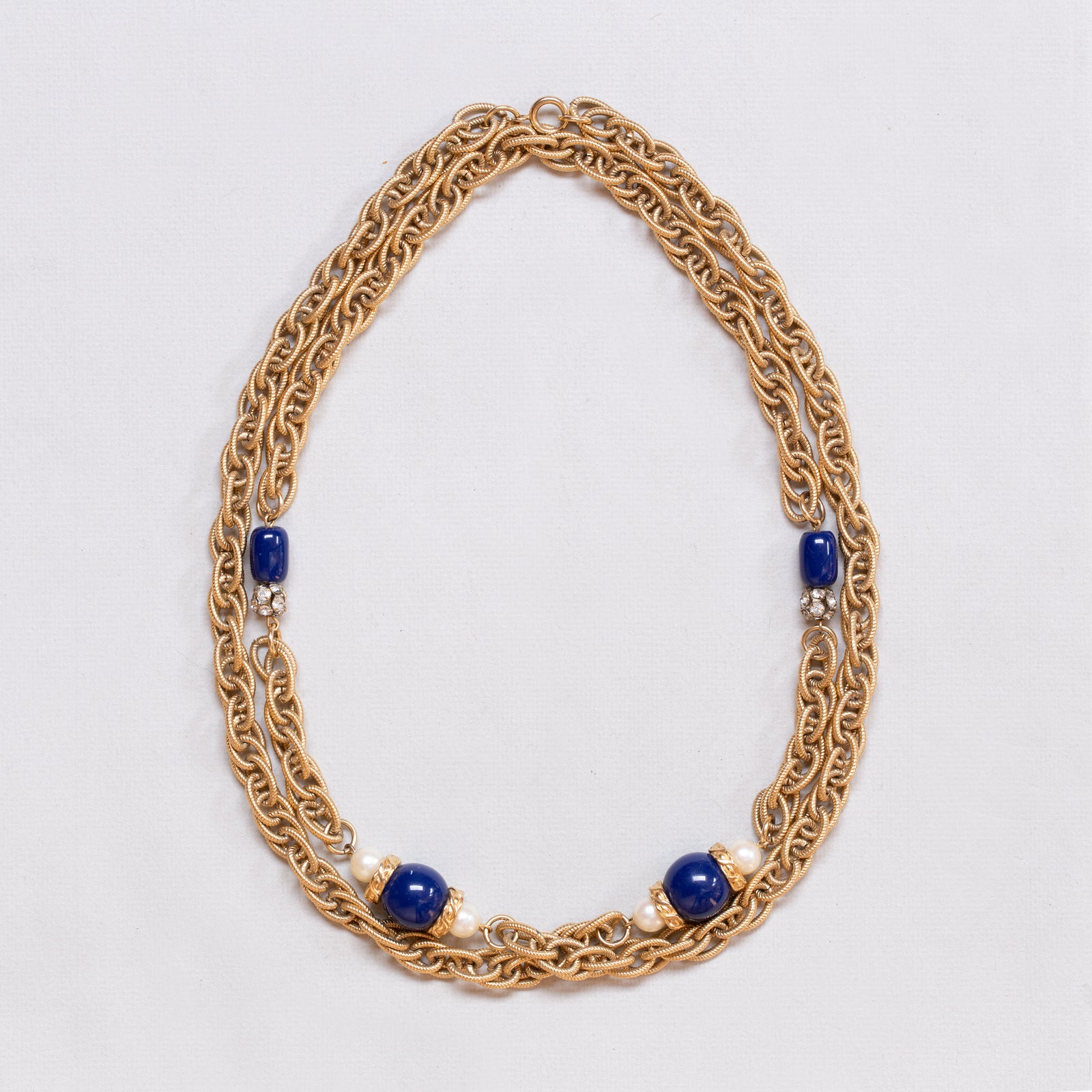 Vintage Givenchy Long Gold Chain Necklace with Faux Pearls and Blue Beads