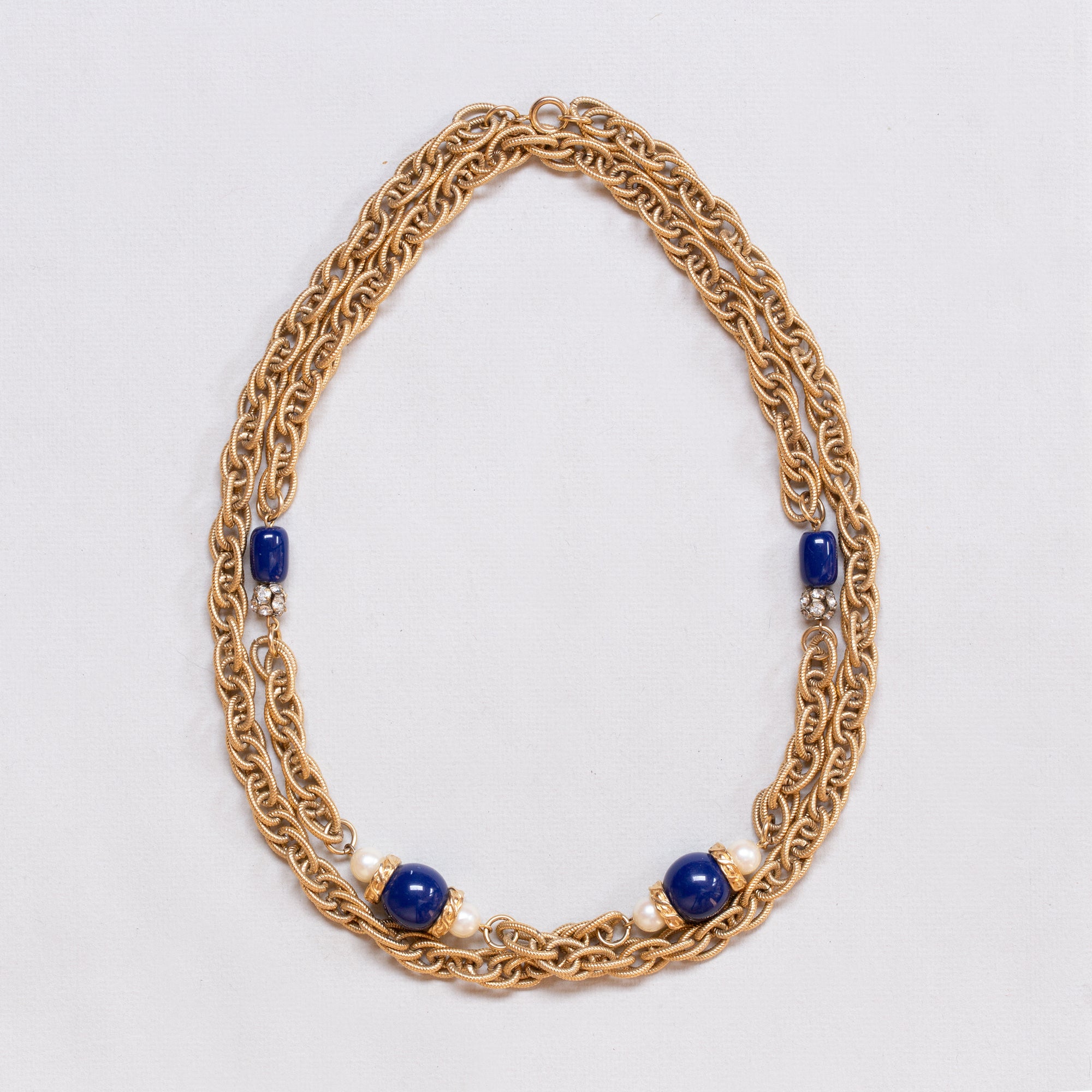 Vintage Givenchy Long Gold Chain Necklace with Faux Pearls and Blue Beads