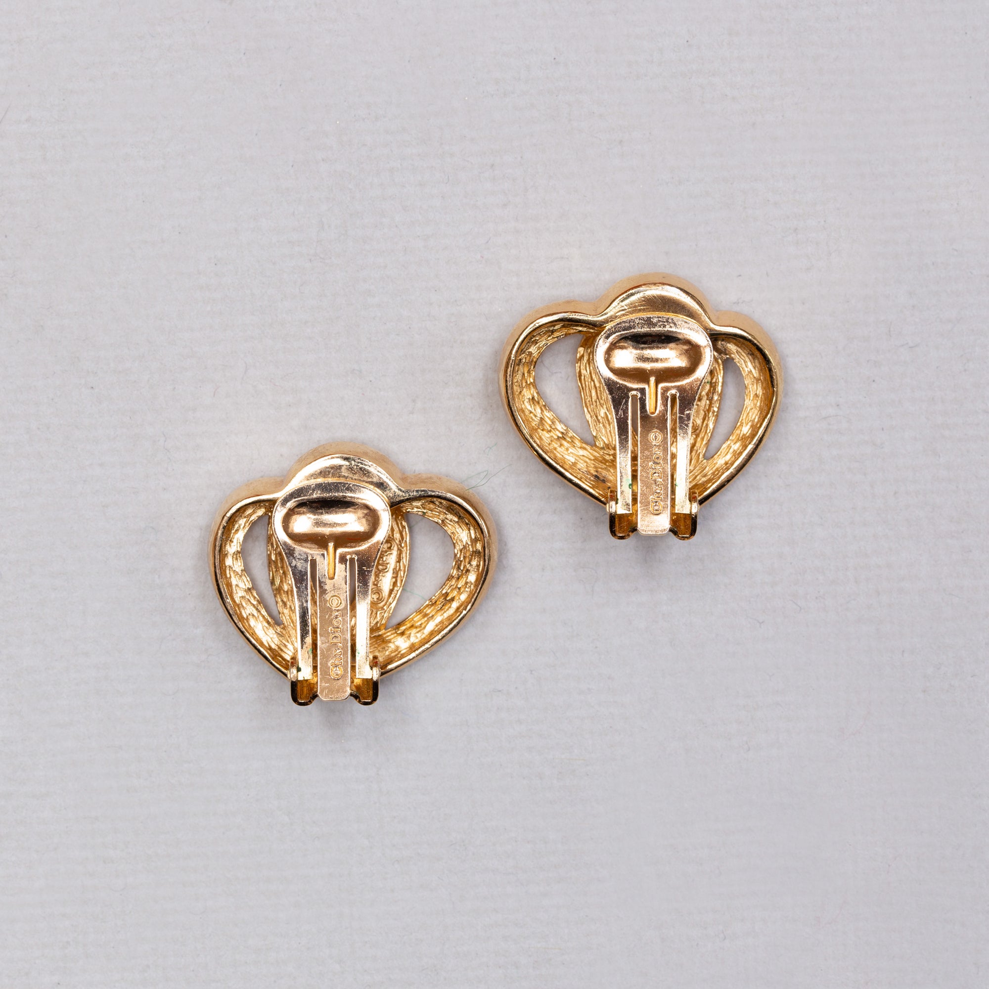Vintage Christian Dior Lined Gold Heart Clip-on Earrings