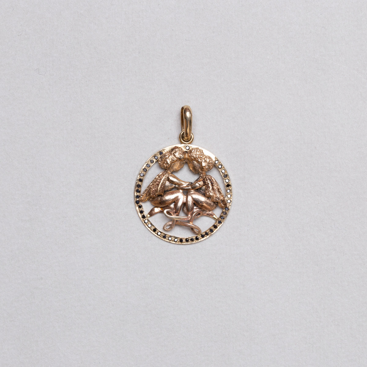 Vintage 9ct Gold Gemini Pendant Charm with Black Diamonds