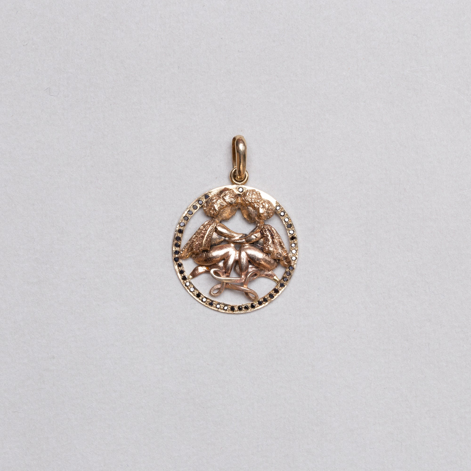 Vintage 9ct Gold Gemini Pendant Charm with Black Diamonds