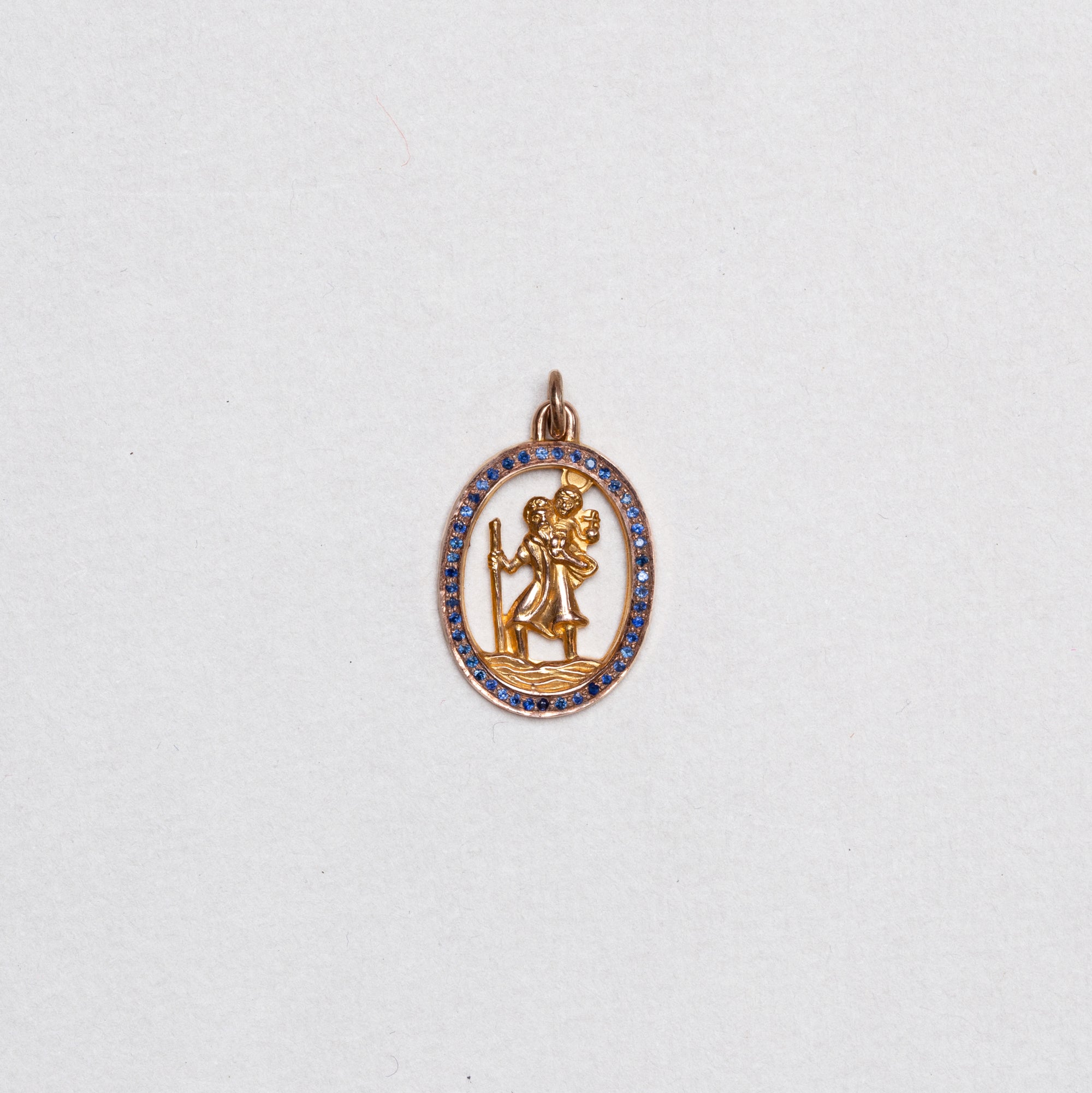 Vintage Oval 9ct Gold St. Christopher Charm Pendant with Sapphires