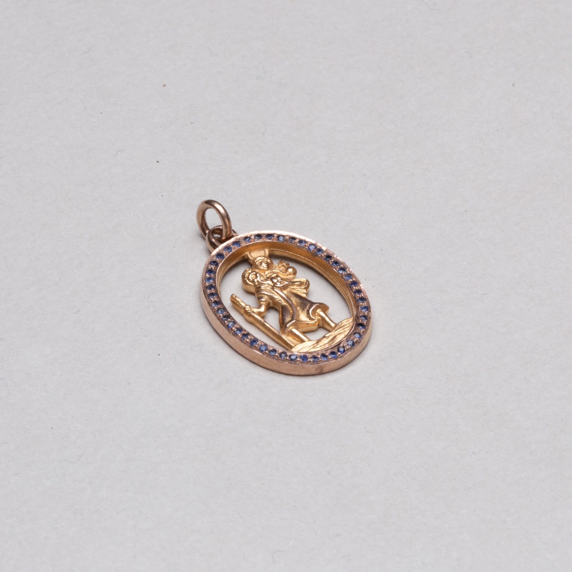 Vintage Oval 9ct Gold St. Christopher Charm Pendant with Sapphires