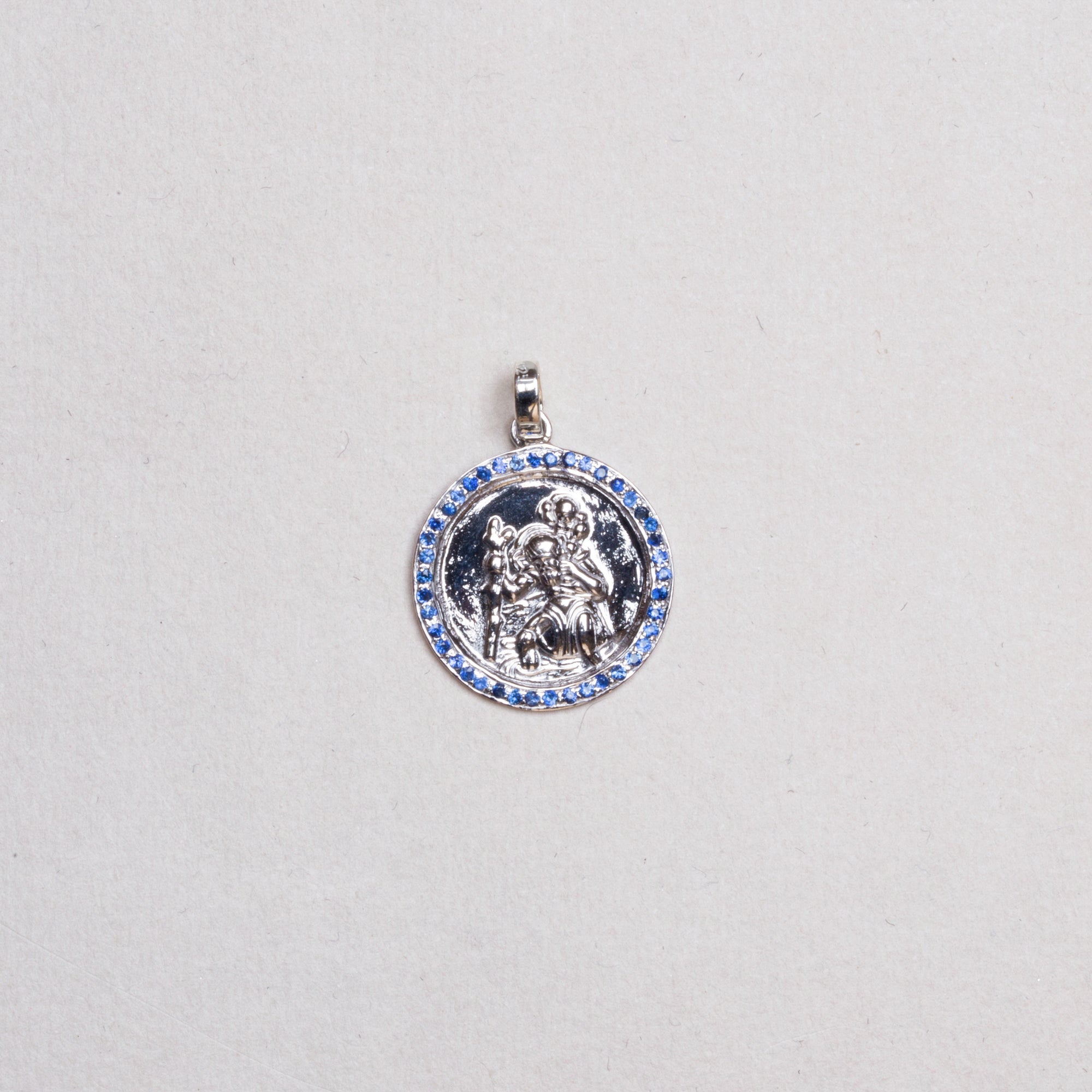 Silver St. Christopher Pendant Charm with Blue Sapphires