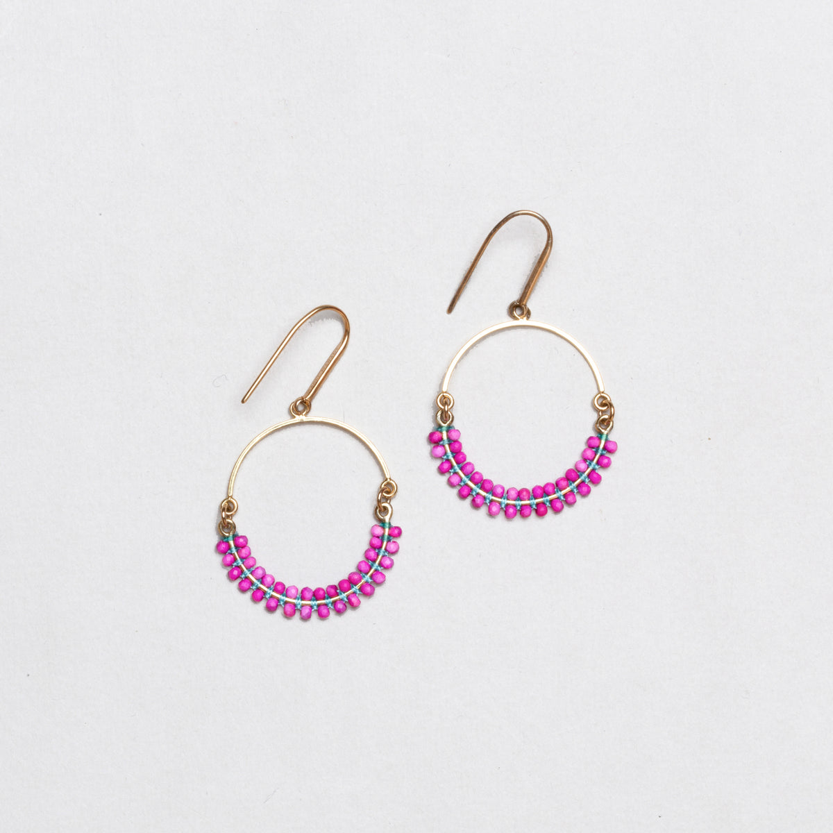 Vintage Cesaria Beaded Drop Hoop Earrings in Fuchsia