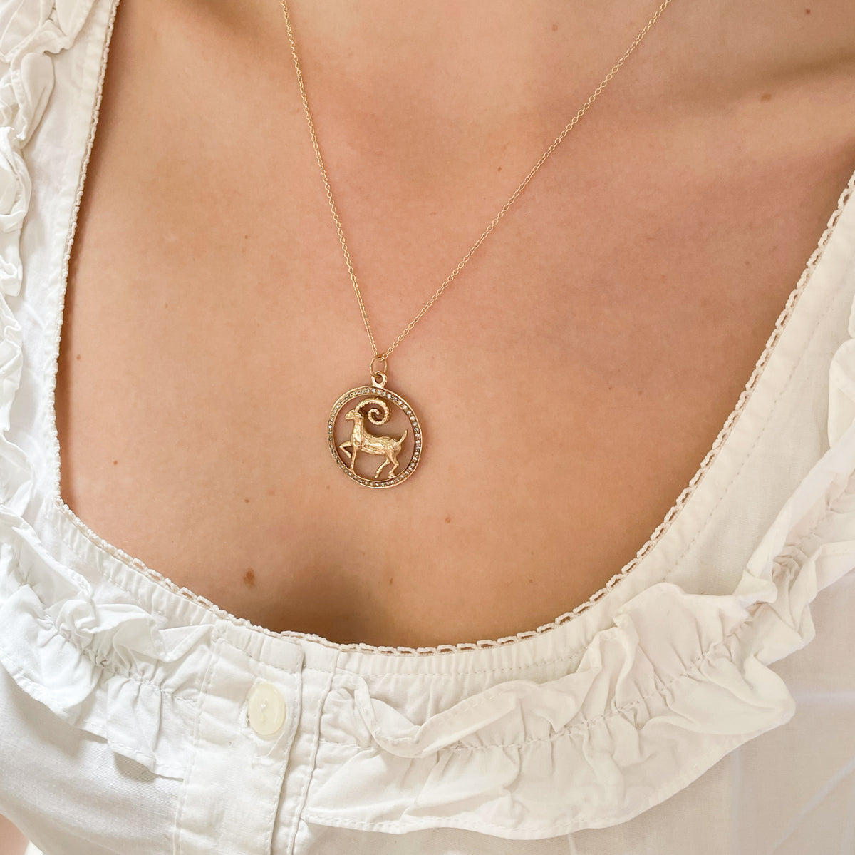Vintage Gold Aries Pendant Charm with Diamond