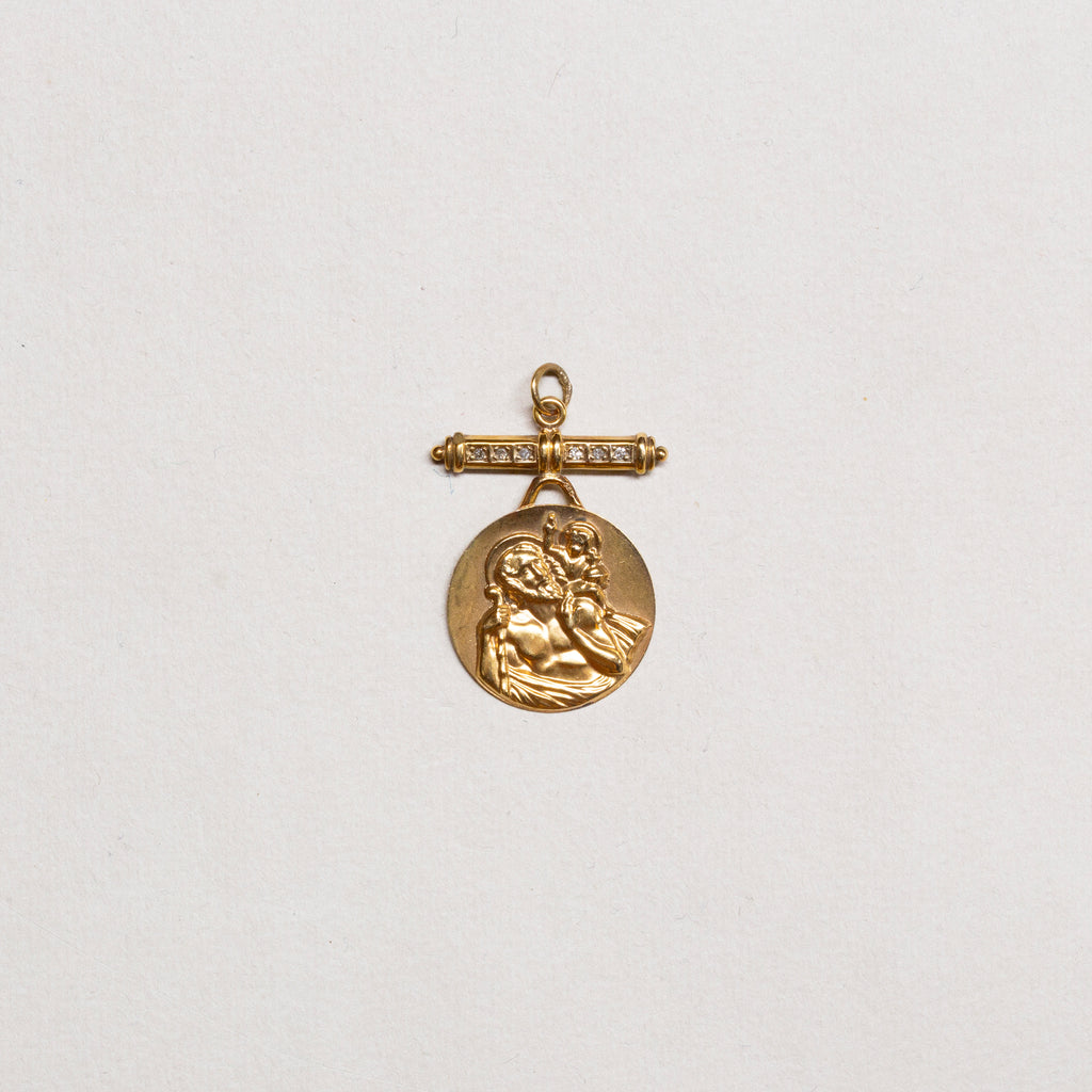 Rare Vintage 9ct Gold St. Christopher Pendant Charm with Diamond Cross