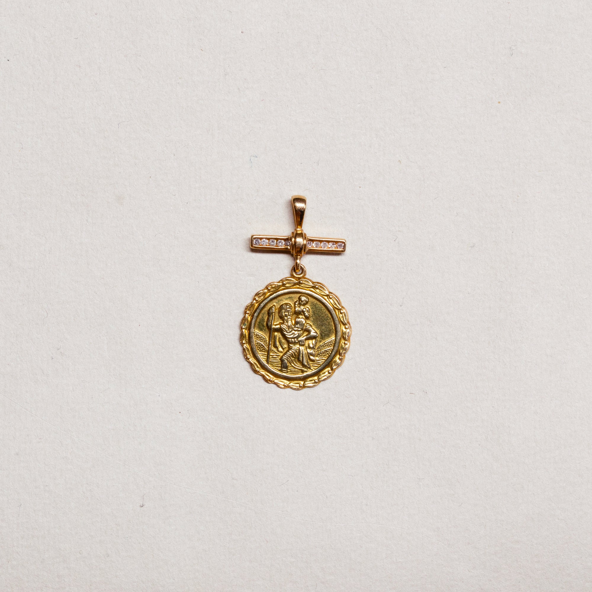 Rare Vintage 9ct Gold St. Christopher Pendant Charm with Diamond Cross