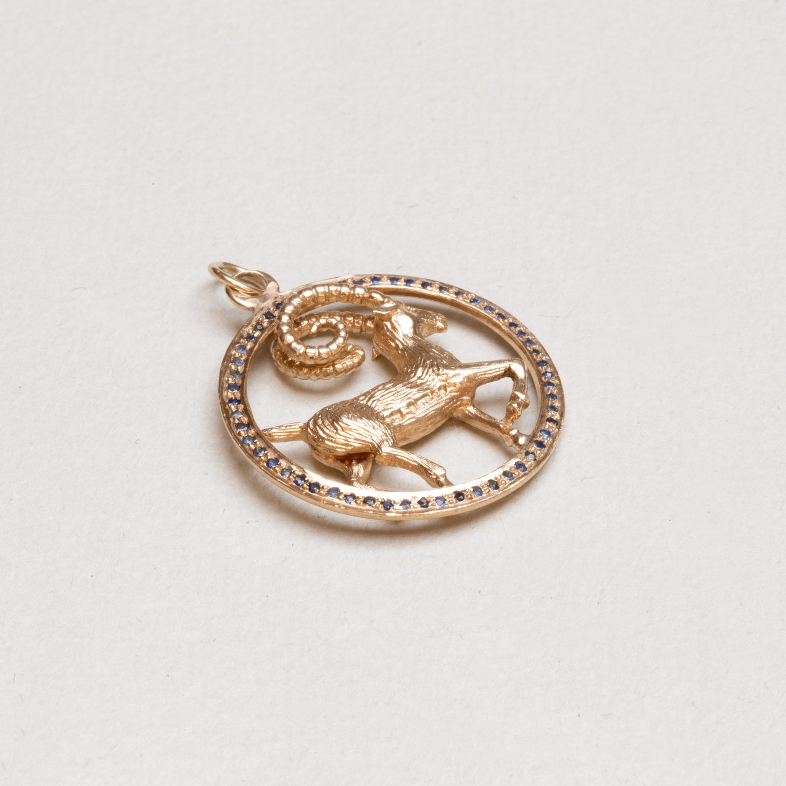Vintage Gold Aries Pendant Charm with Blue Sapphires