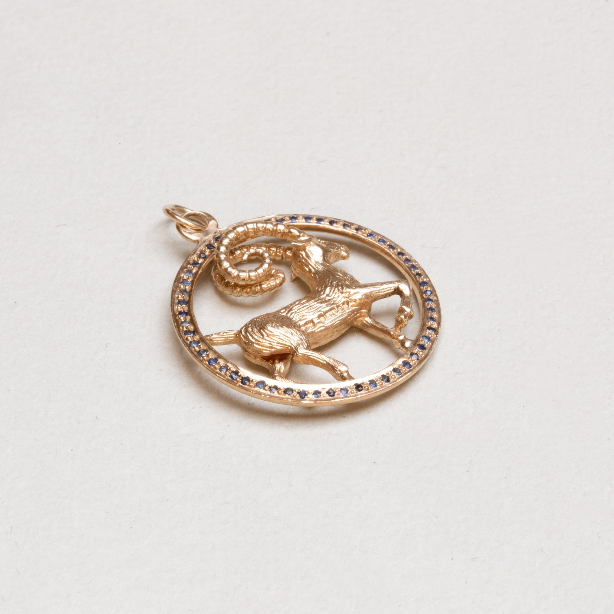 Vintage Gold Capricorn / Aries Pendant Charm with Blue Sapphires