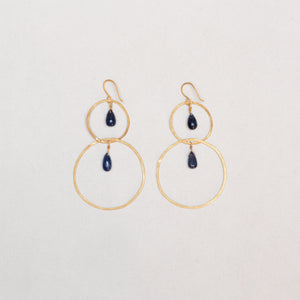 14ct Gold Double Hoop Drop Earrings with Lapis Lazuli