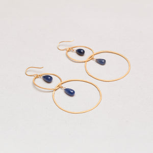 14ct Gold Double Hoop Drop Earrings with Lapis Lazuli