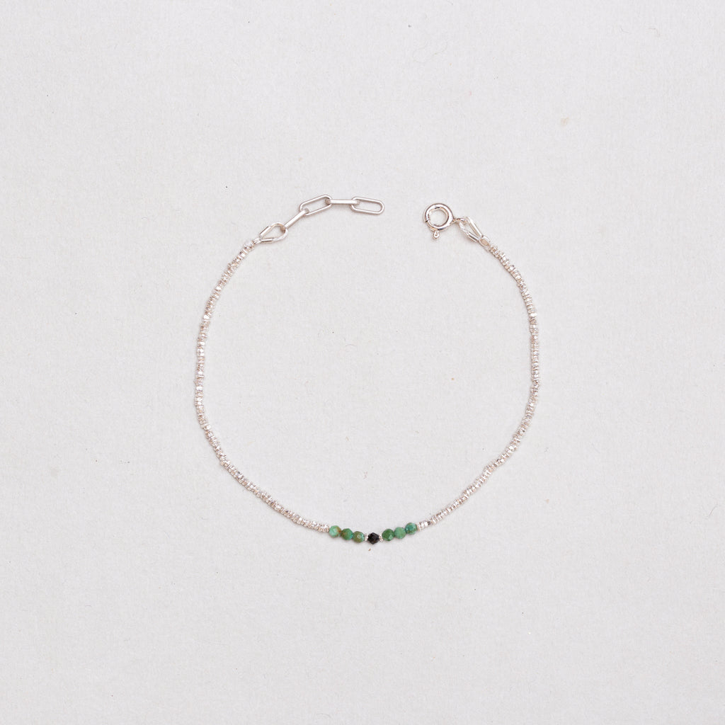 Silver Beads Bracelet with Green and Black Gemstone