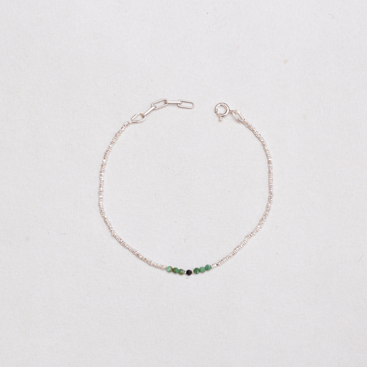 Silver Beads Bracelet with Green and Black Gemstone