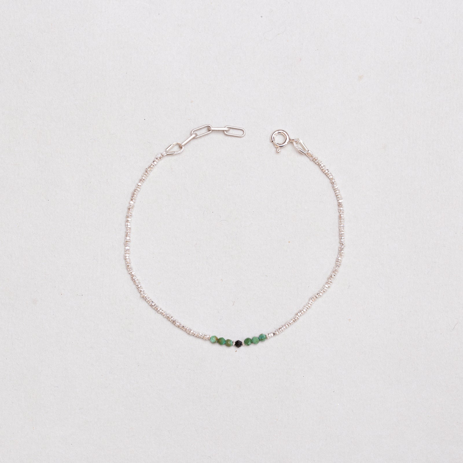 Silver Beads Bracelet with Green and Black Gemstone