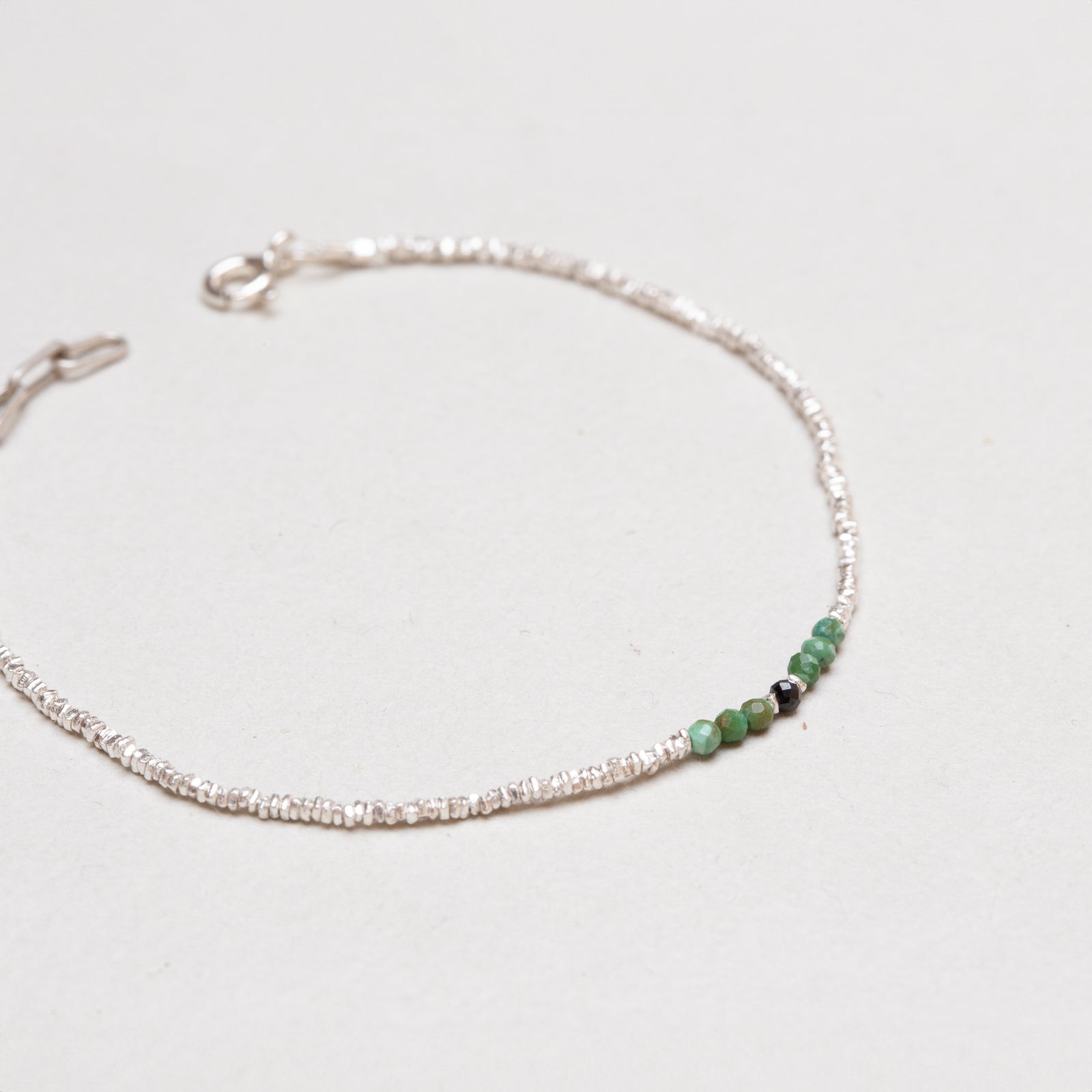 Silver Beads Bracelet with Green and Black Gemstone