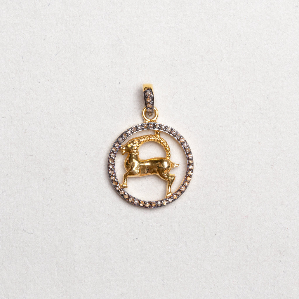 Gold Plated Zodiac Charm Pendant with Diamonds and Oxidised Silver
