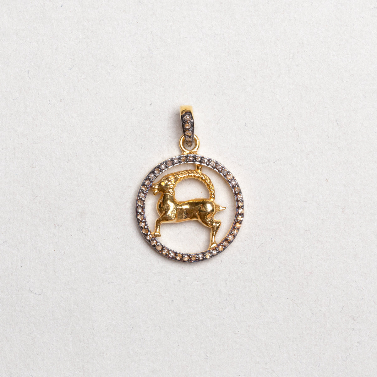 Gold Plated Zodiac Charm Pendant with Diamonds and Oxidised Silver