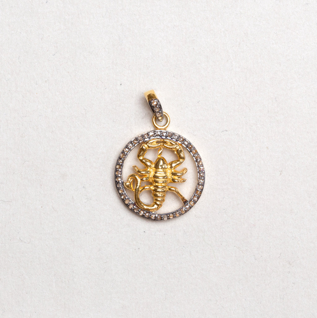 Gold Plated Zodiac Charm Pendant with Diamonds and Oxidised Silver