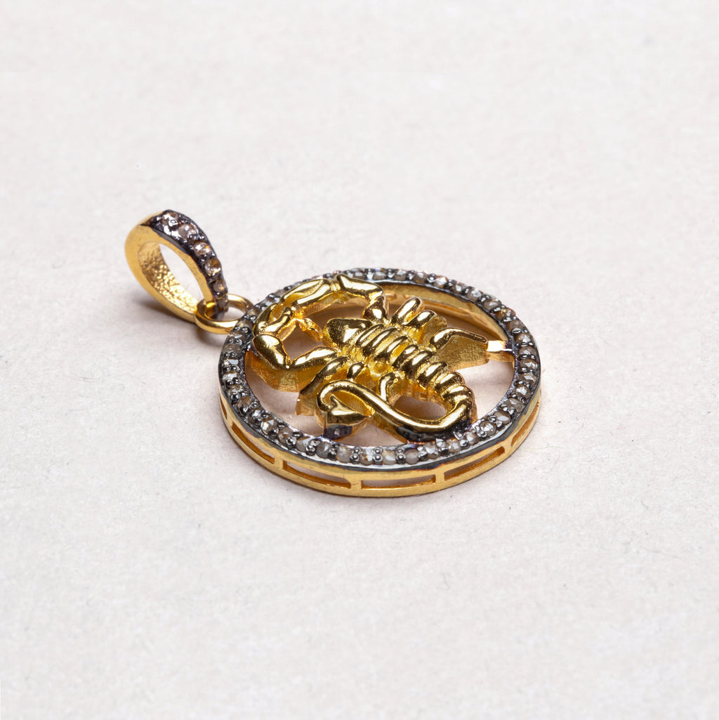 Gold Plated Zodiac Charm Pendant with Diamonds and Oxidised Silver