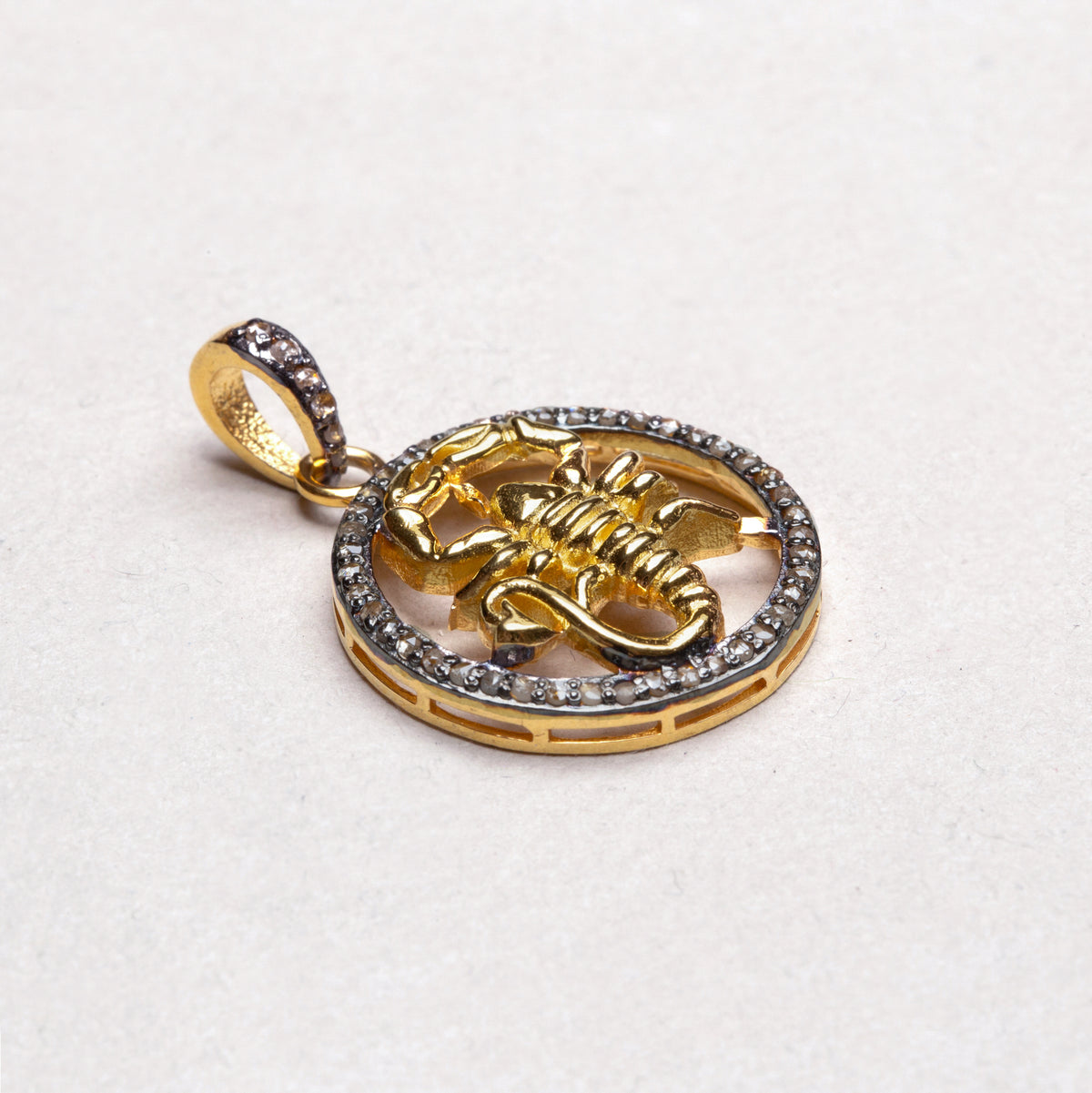 Gold Plated Zodiac Charm Pendant with Diamonds and Oxidised Silver
