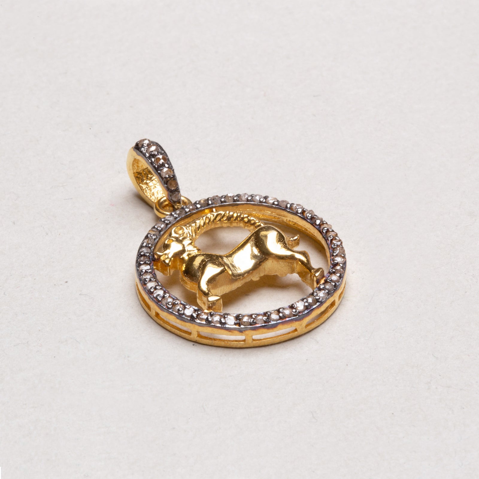 Gold Plated Zodiac Charm Pendant with Diamonds and Oxidised Silver