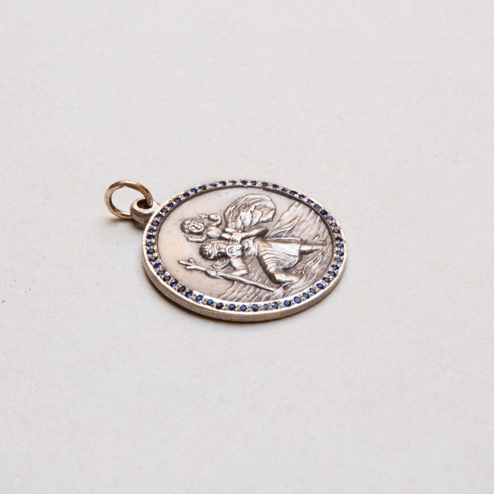 Vintage Sterling Silver St. Christopher Charm Pendant with Sapphires