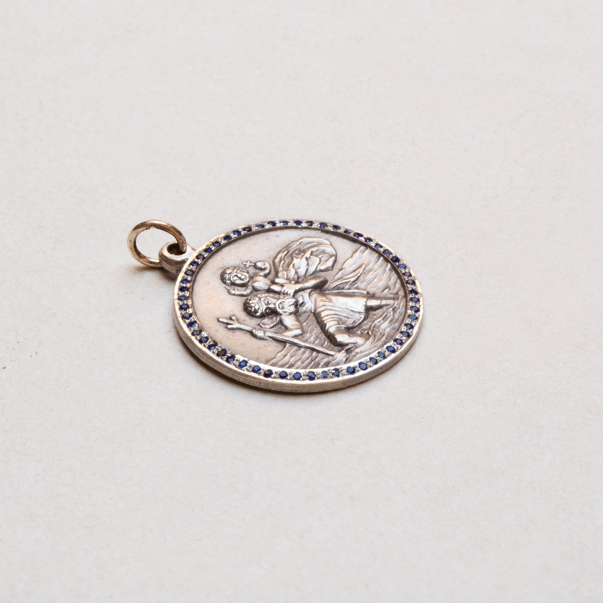 Vintage Sterling Silver St. Christopher Charm Pendant with Sapphires