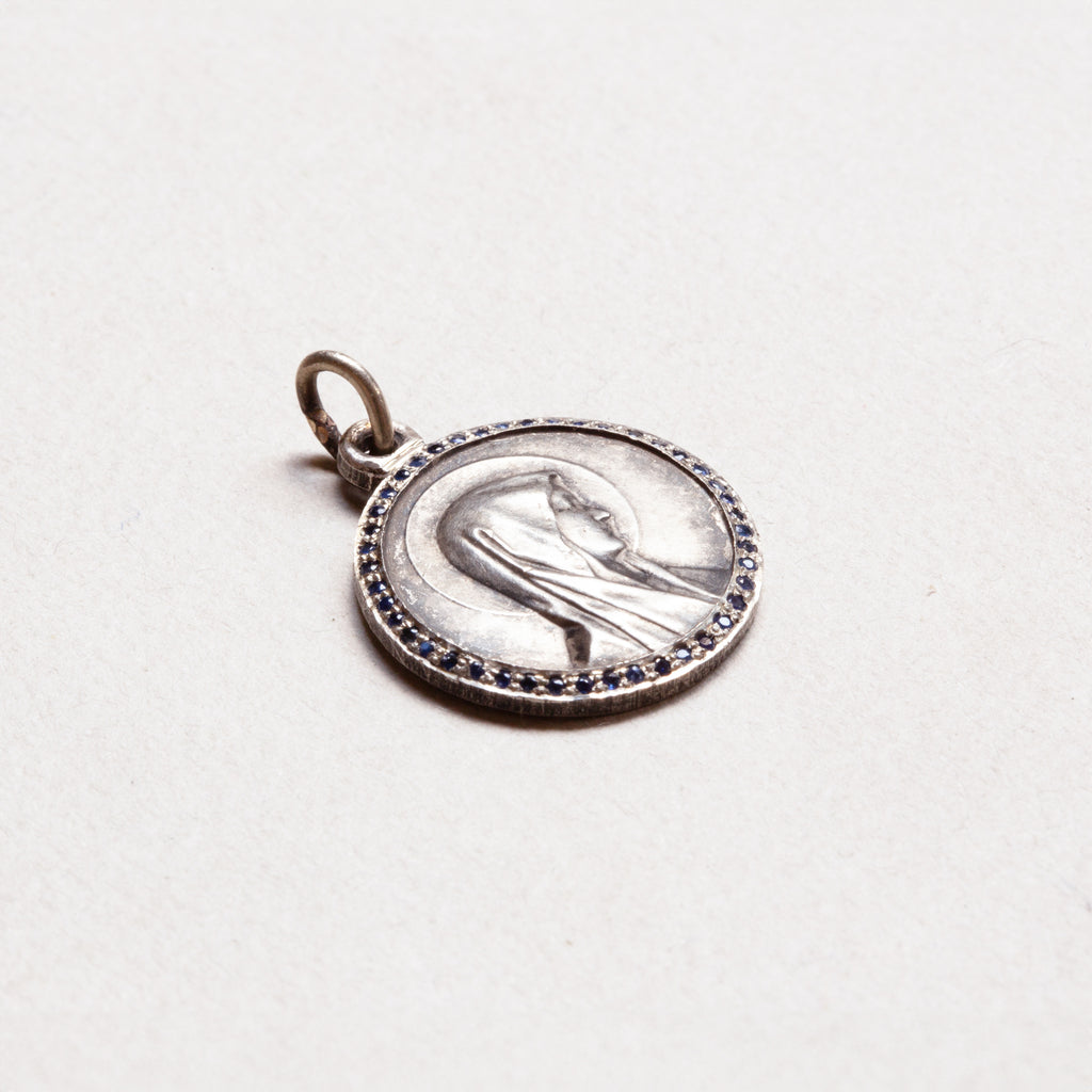 Vintage Sterling Silver Madonna Charm Pendant with Sapphires