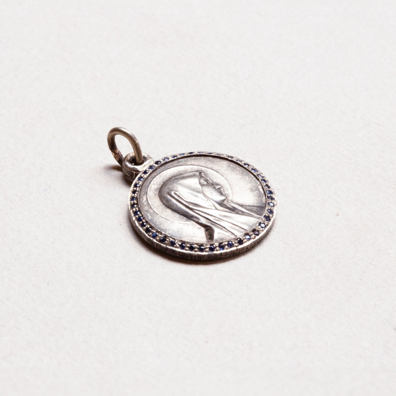 Vintage Sterling Silver Madonna Charm Pendant with Sapphires