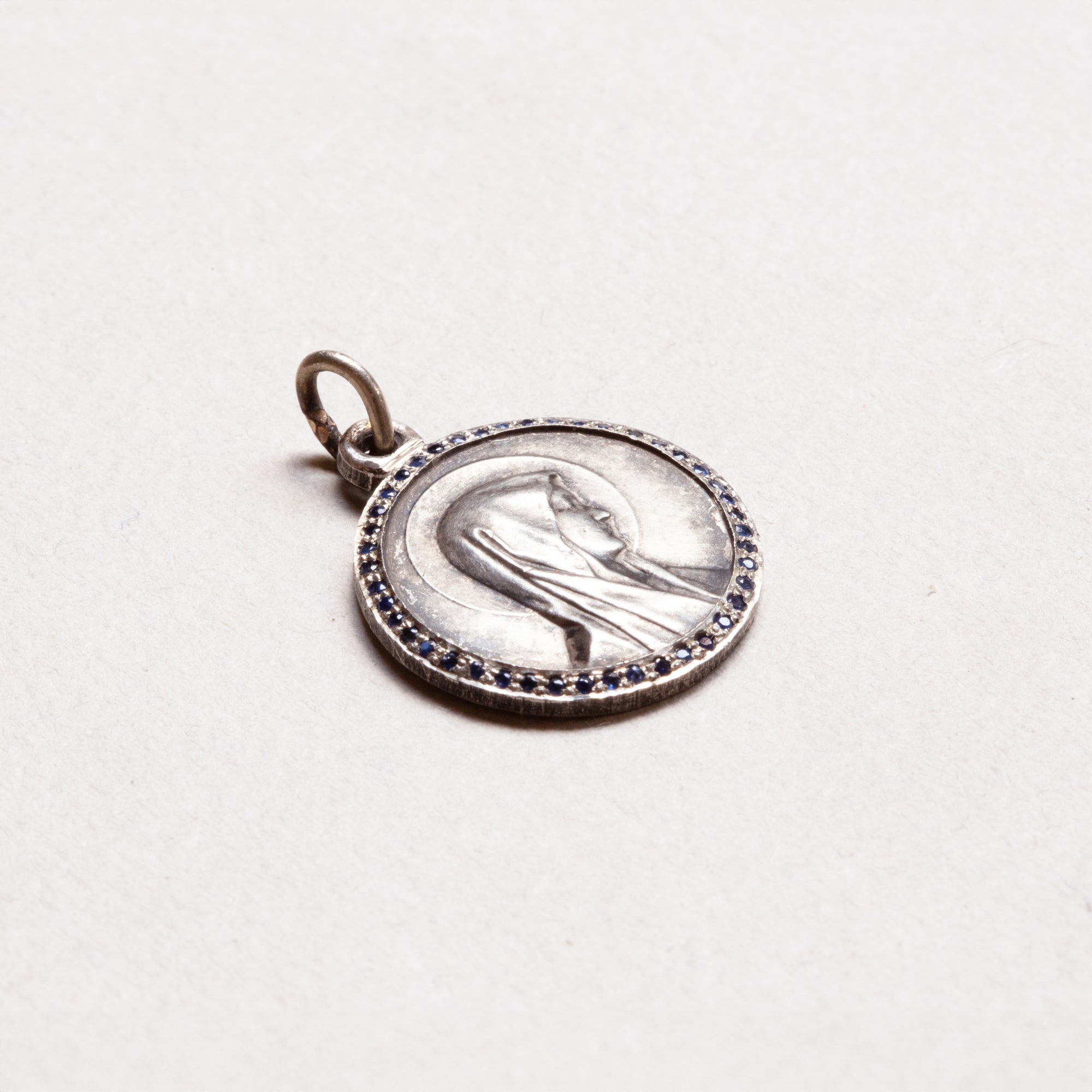 Vintage Sterling Silver Madonna Charm Pendant with Sapphires
