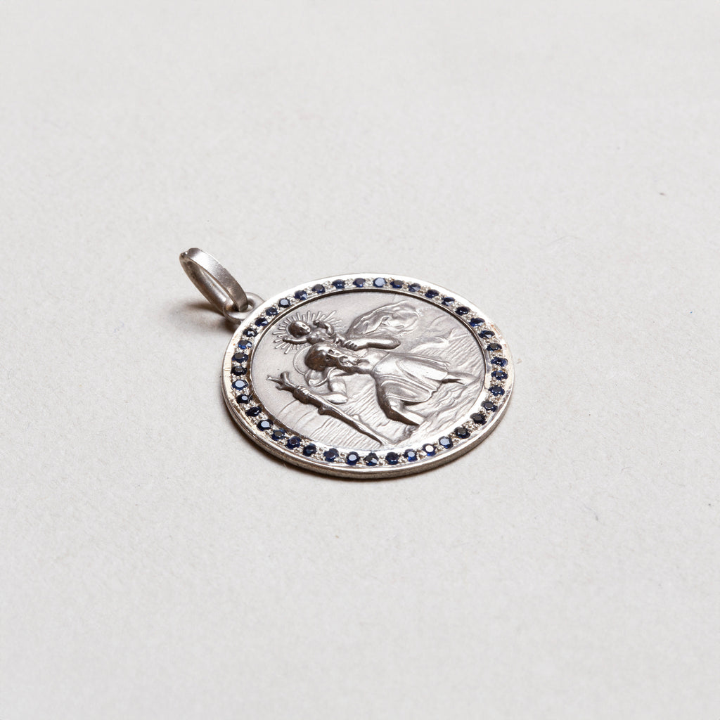 Vintage Sterling Silver St. Christopher Charm Pendant with Sapphires