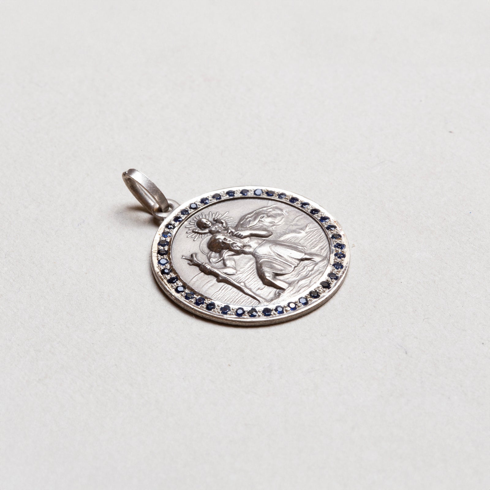 Vintage Sterling Silver St. Christopher Charm Pendant with Sapphires