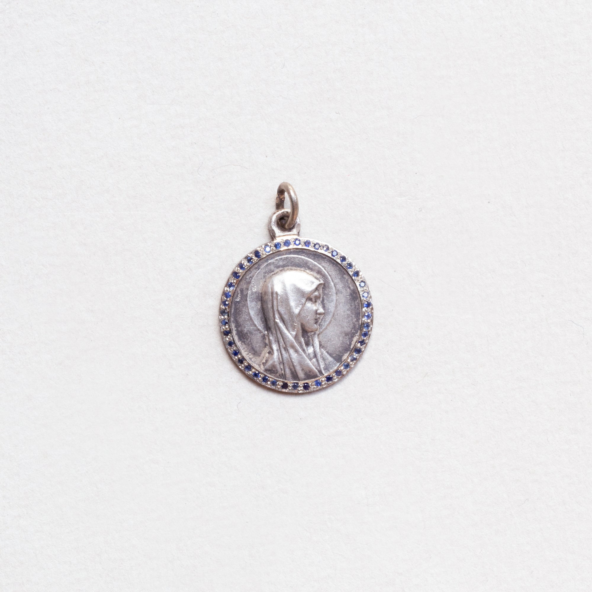 Vintage Sterling Silver Madonna Charm Pendant with Sapphires