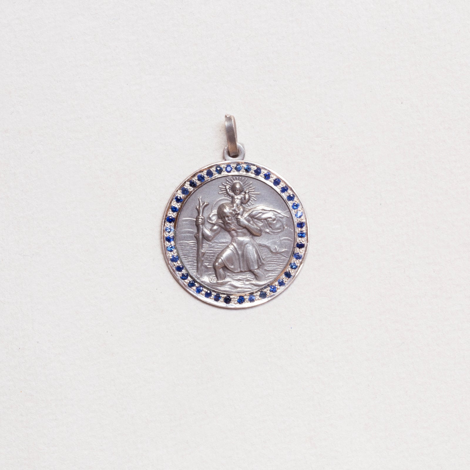 Vintage Sterling Silver St. Christopher Charm Pendant with Sapphires