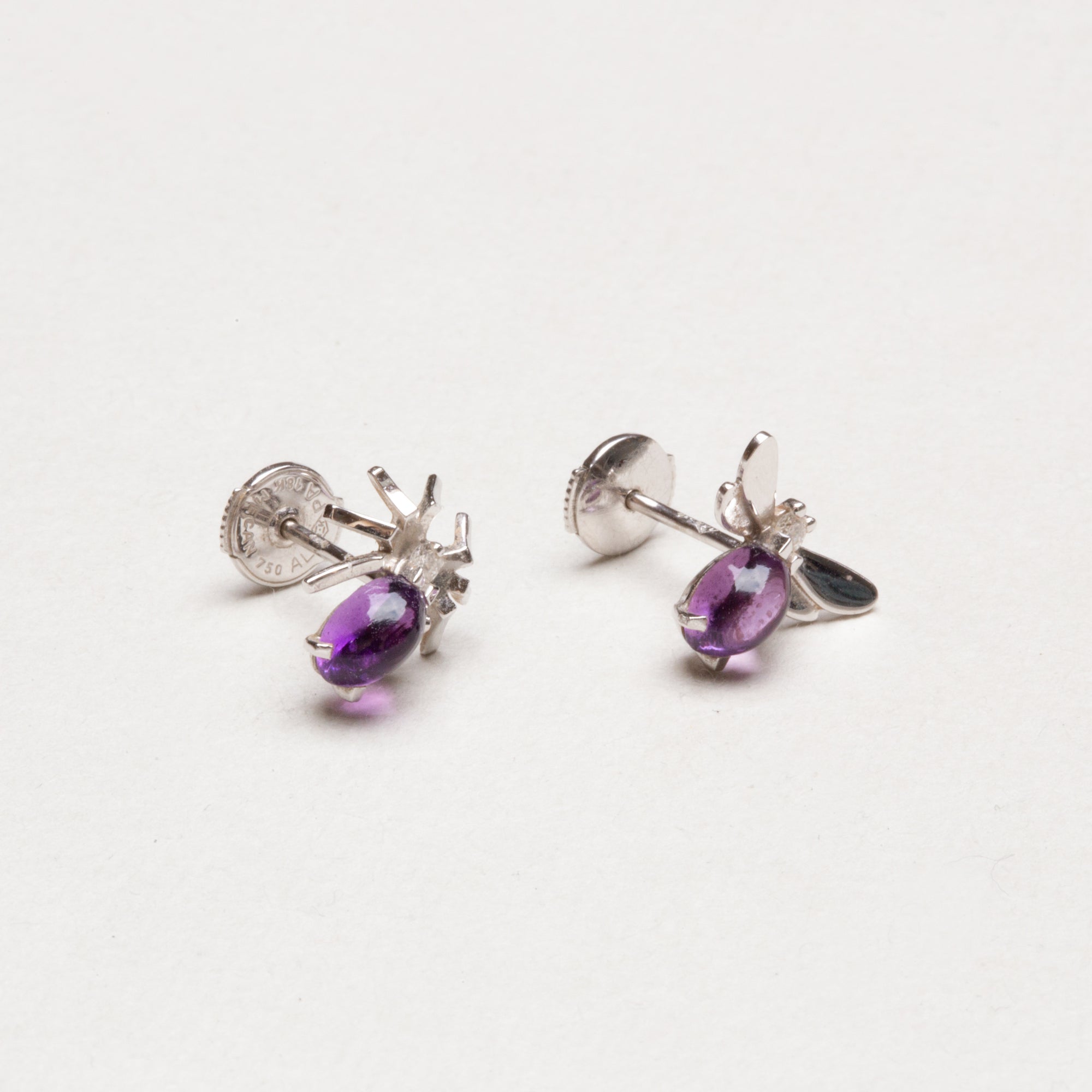 Vintage Chaumet White Gold Stud Earrings with Diamond and Amethyst