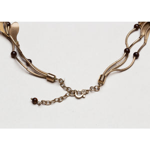 Vintage Monet Layered Brass Leaf Necklace with Brown Beads