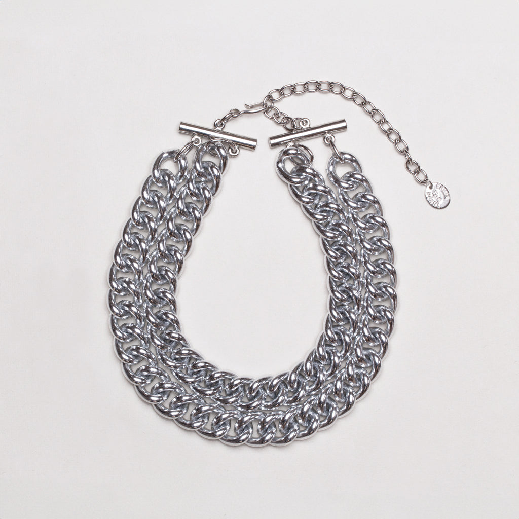 Vintage Double Strand Silver-tone Curb Link Chain Necklace
